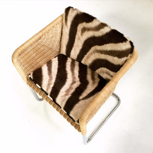 HARVEY PROBBER WICKER AND CHROME CHAIR WITH ZEBRA CUSHIONs