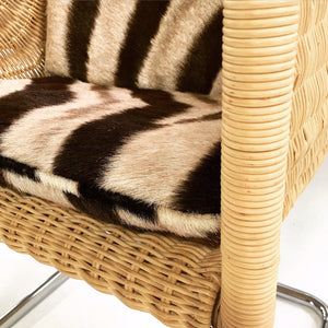 HARVEY PROBBER WICKER AND CHROME CHAIR WITH ZEBRA CUSHIONs