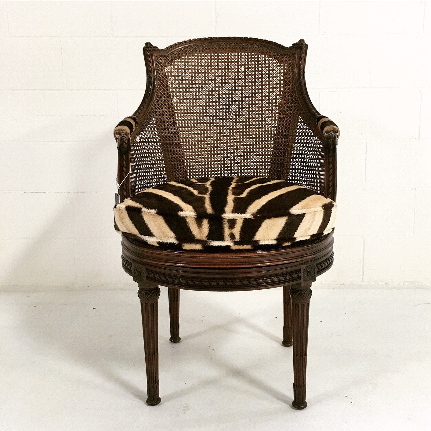 18th Century G. Jacob Mahogany & Cane Bergere Swivel Chair in Zebra Hide
