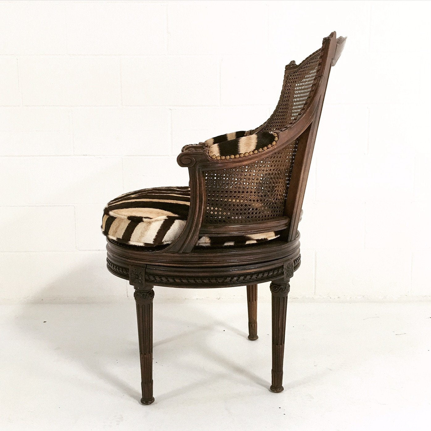 18th Century G. Jacob Mahogany & Cane Bergere Swivel Chair in Zebra Hide