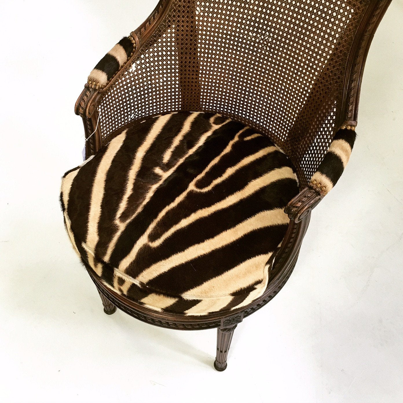 18th Century G. Jacob Mahogany & Cane Bergere Swivel Chair in Zebra Hide
