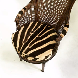 18th Century G. Jacob Mahogany & Cane Bergere Swivel Chair in Zebra Hide