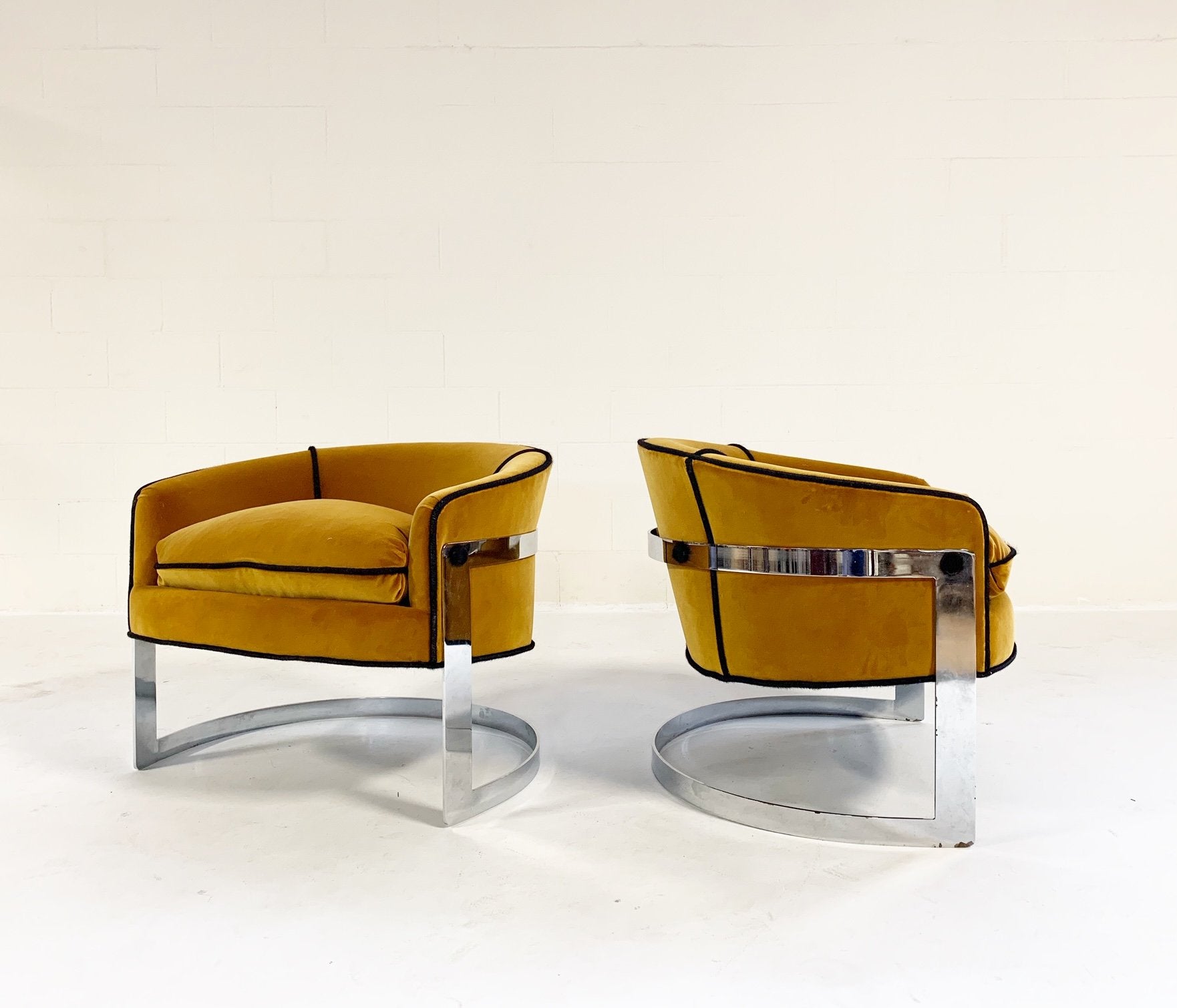 Milo Baughman Lounge Chairs in Loro Piana Velvet with Brazilian Cowhide Welting