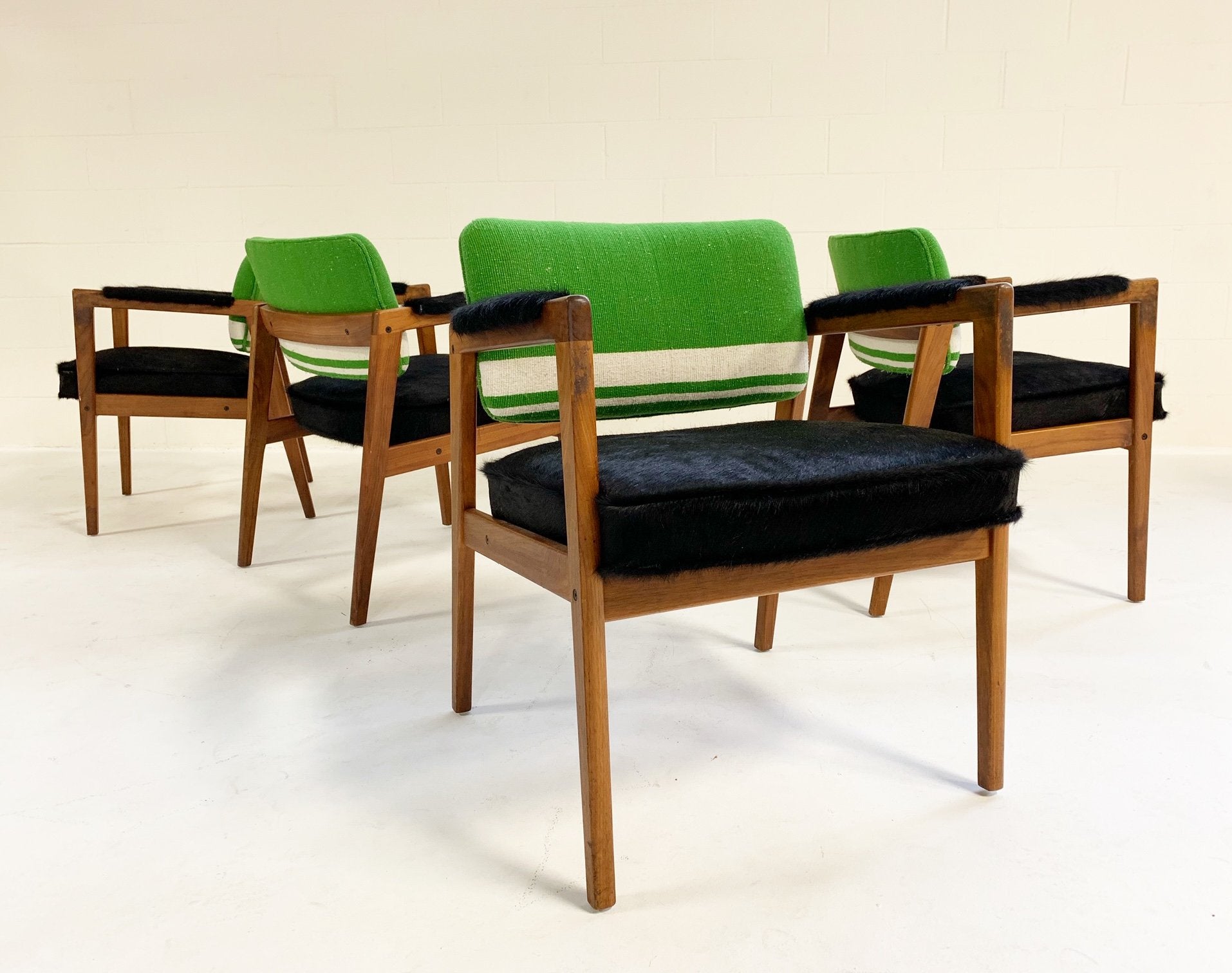 Set of 4 Midcentury Swedish Chairs in Brazilian Cowhide and Isabel Marant Silk Wool