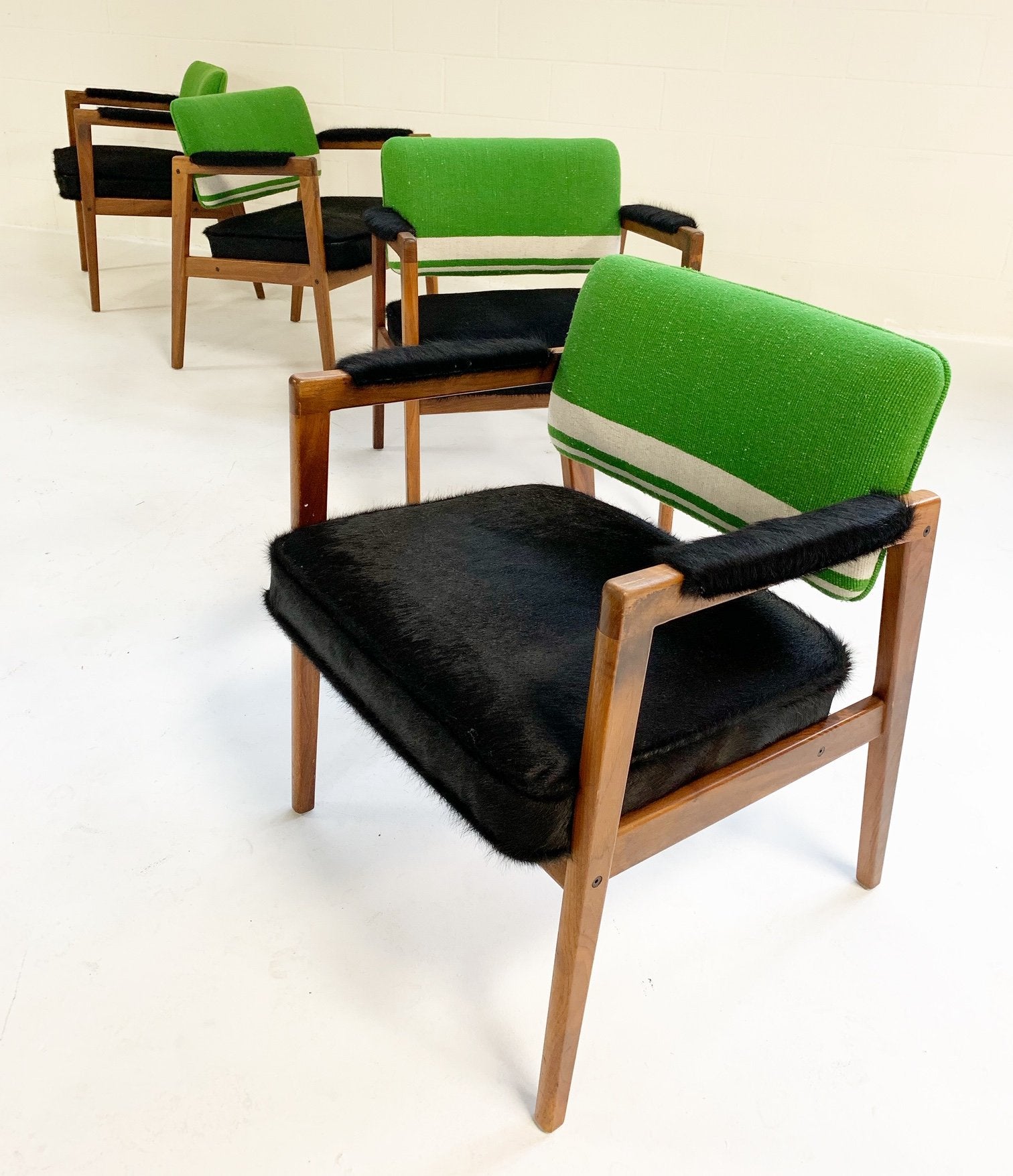 Set of 4 Midcentury Swedish Chairs in Brazilian Cowhide and Isabel Marant Silk Wool