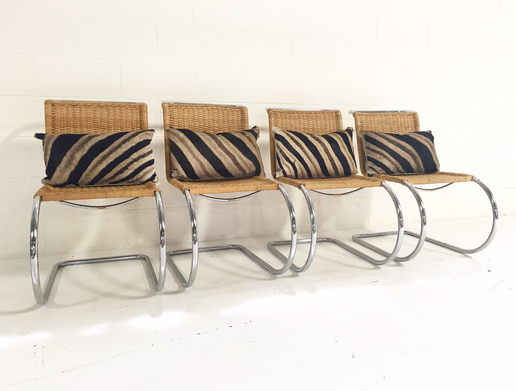 Set of Four MR 10 Side Chairs by Ludwig Mies van der Rohe for Knoll with Zebra Hide Pillows