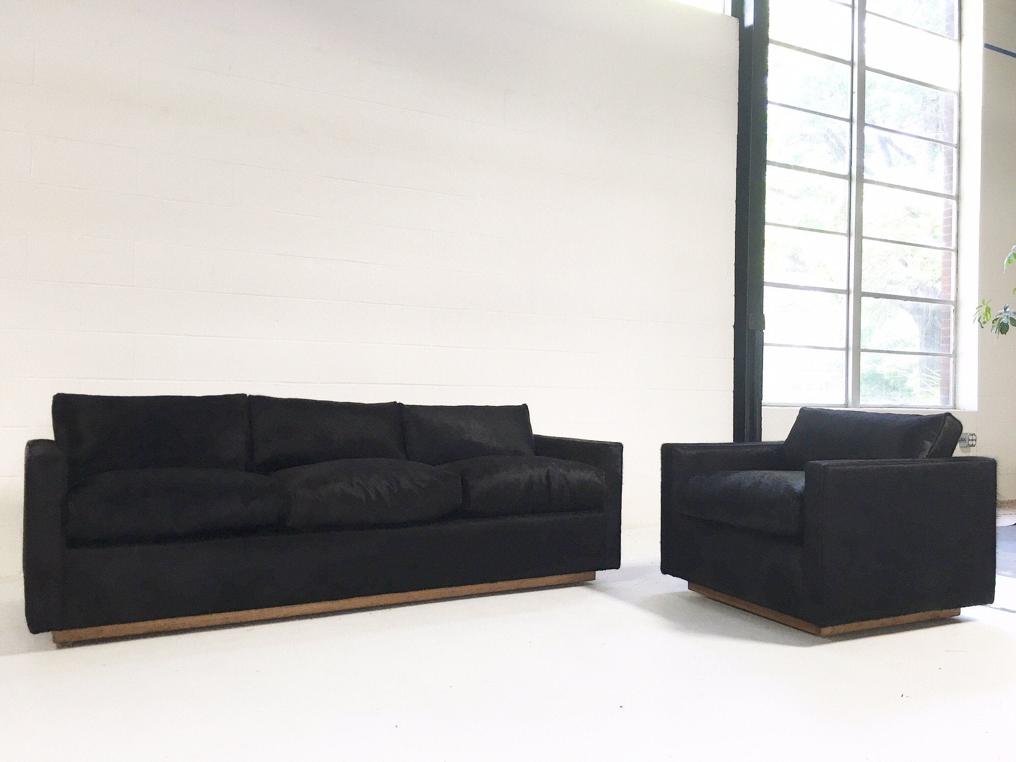 Pair of Mid-Century Sofa and Chair in Natural Black Cowhide
