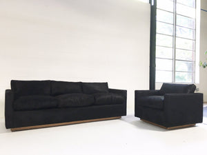 Pair of Mid-Century Sofa and Chair in Natural Black Cowhide