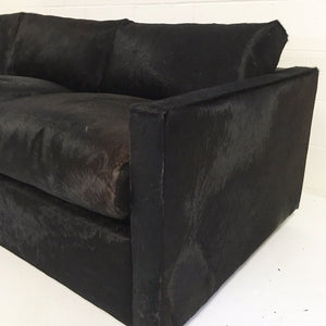 Pair of Mid-Century Sofa and Chair in Natural Black Cowhide