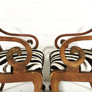 PAIR OF VINTAGE CARVED ARMCHAIRS IN ZEBRA HIDE