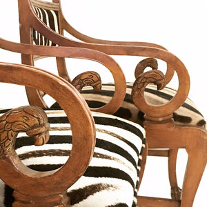PAIR OF VINTAGE CARVED ARMCHAIRS IN ZEBRA HIDE