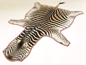 Zebra Hide Rug Trimmed in Blush Pink Velvet