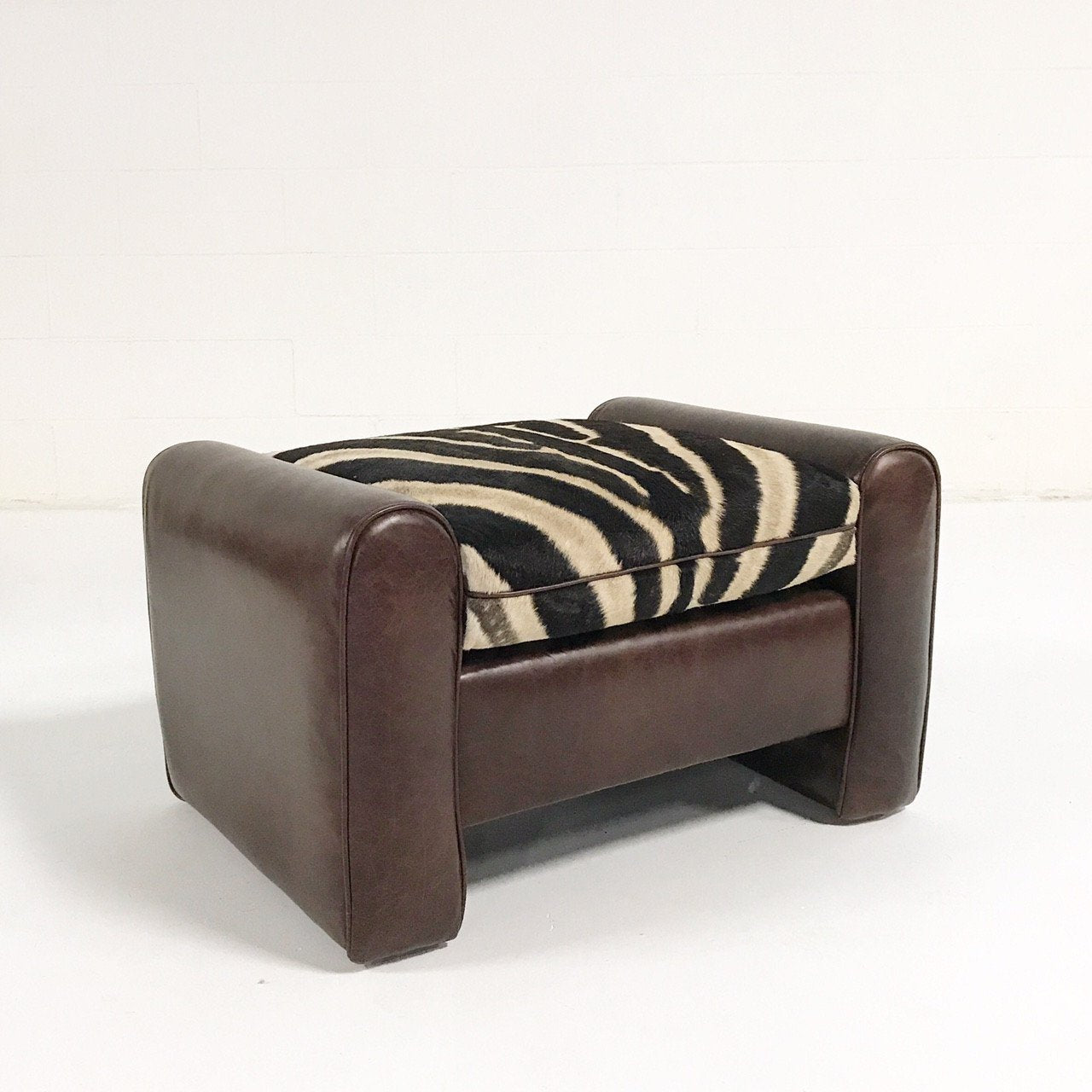 Ottoman in Leather with Zebra Hide Cushion