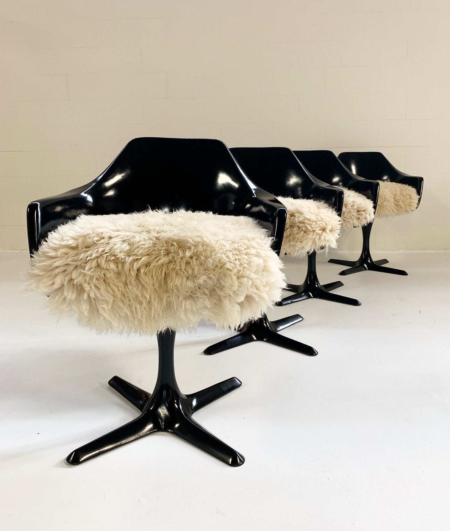 Burke Inc Tulip Style Armchairs with California Sheepskin Cushions - Set of 4