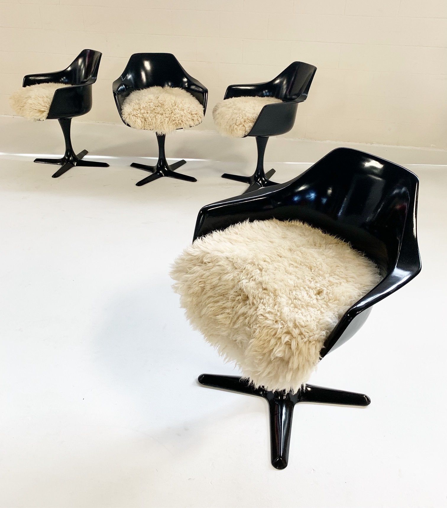 Burke Inc Tulip Style Armchairs with California Sheepskin Cushions - Set of 4