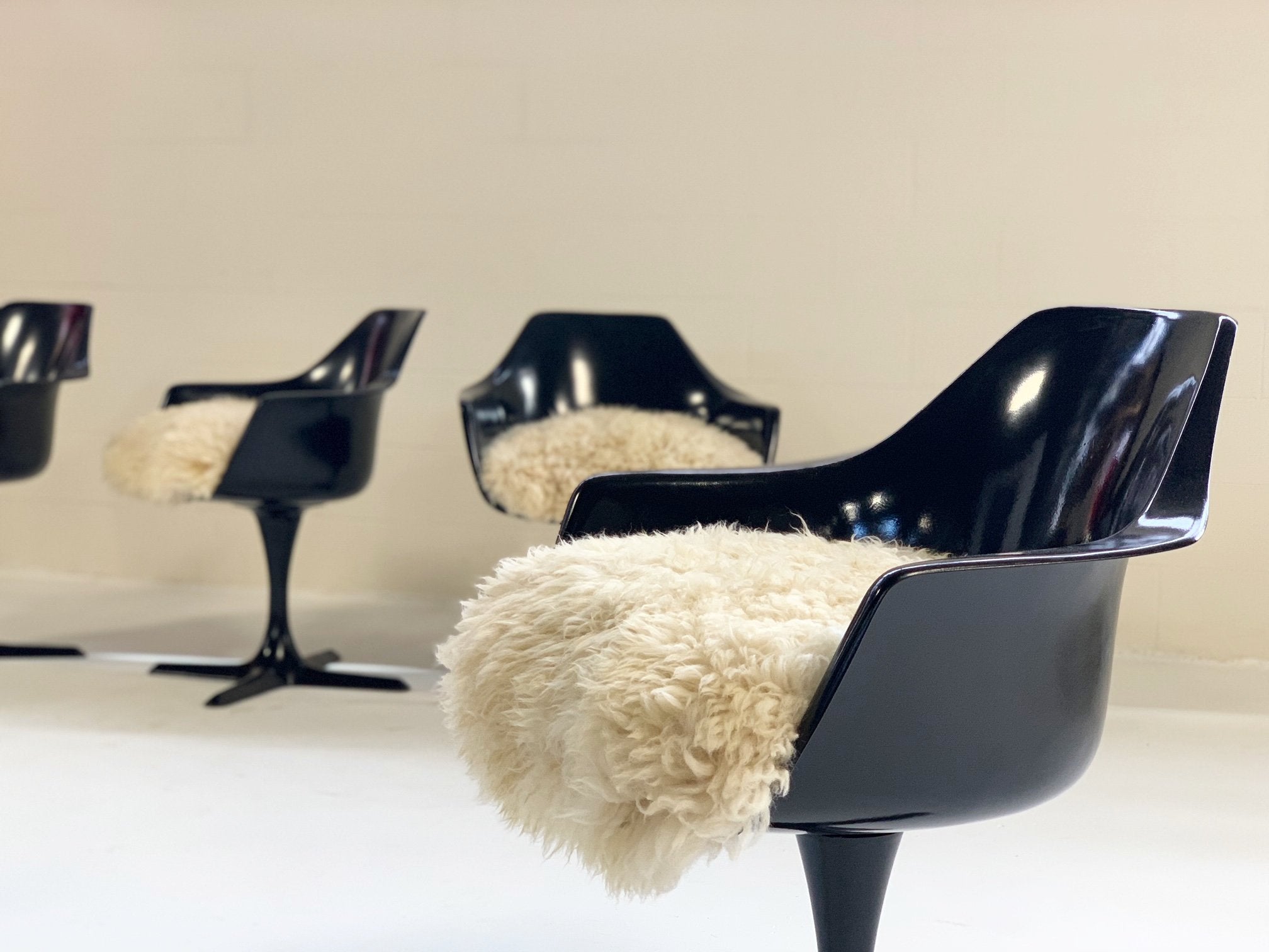 Burke Inc Tulip Style Armchairs with California Sheepskin Cushions - Set of 4