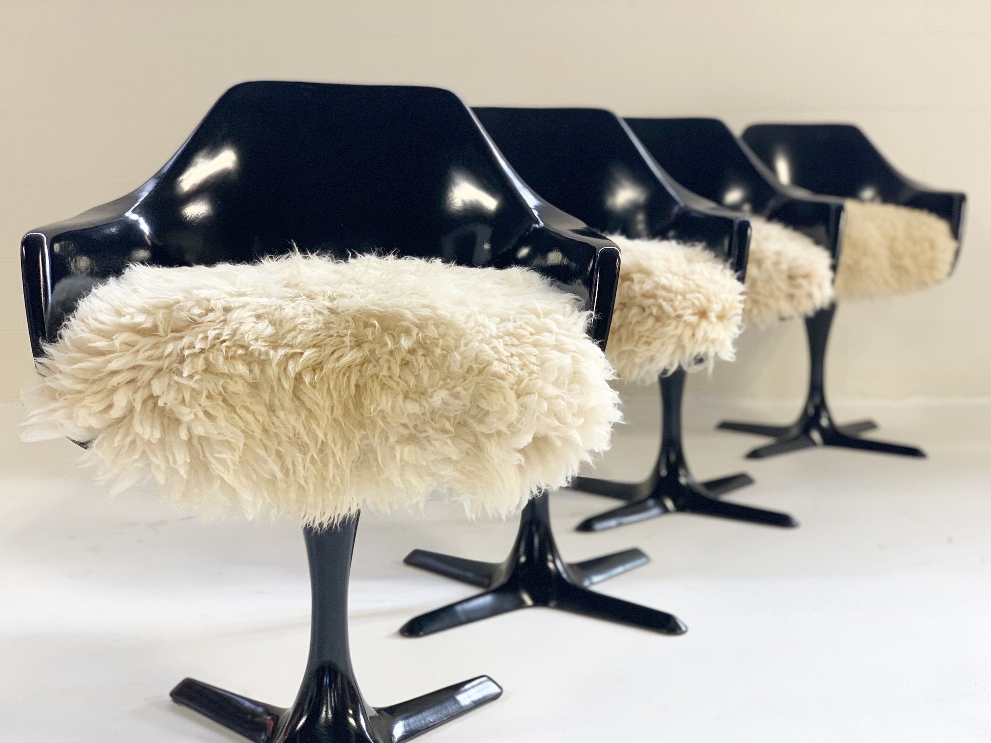 Burke Inc Tulip Style Armchairs with California Sheepskin Cushions - Set of 4