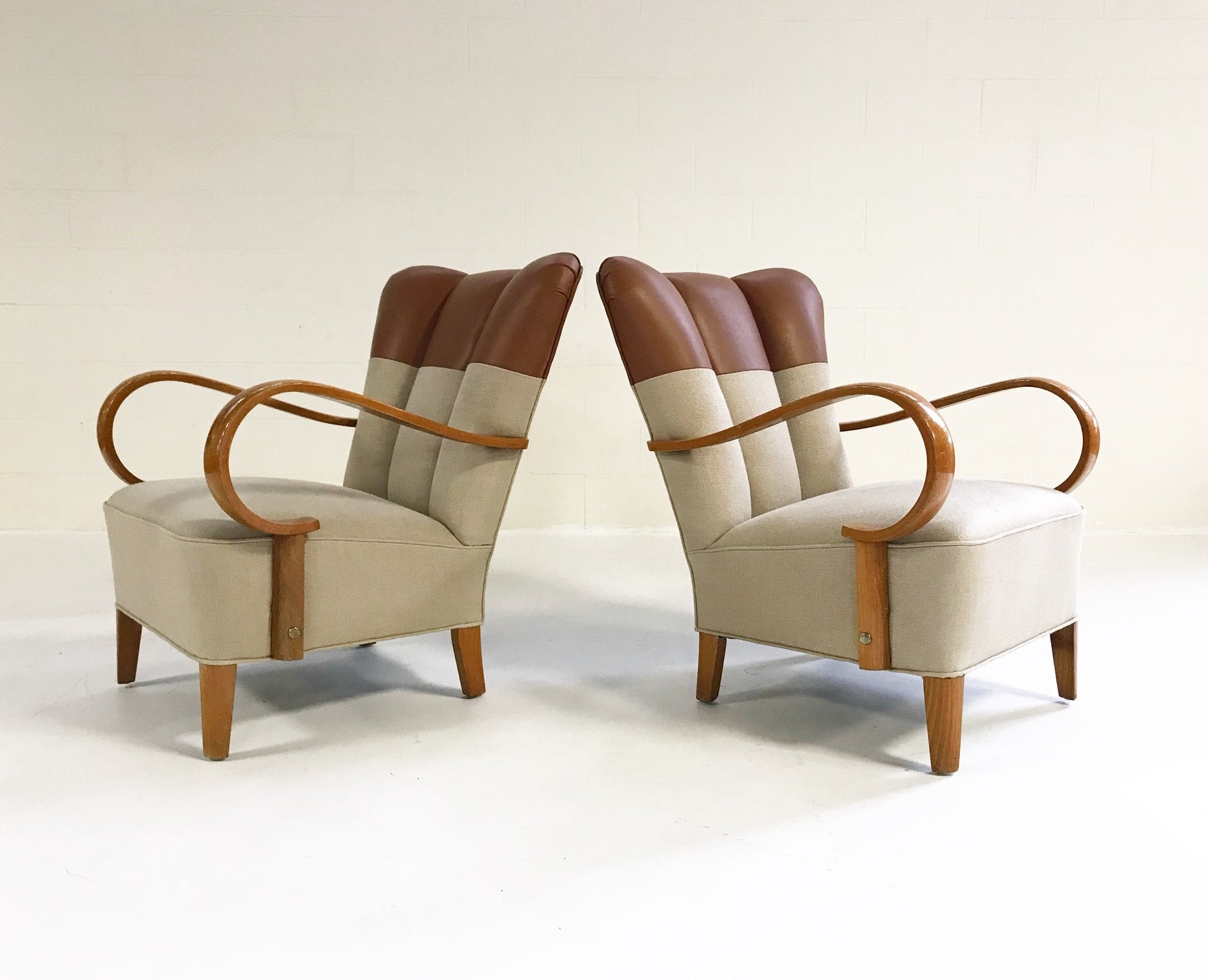 1970s Italian Bentwood Armchairs in Loro Piana Italian Buffalo Leather and Loro Piana Linen