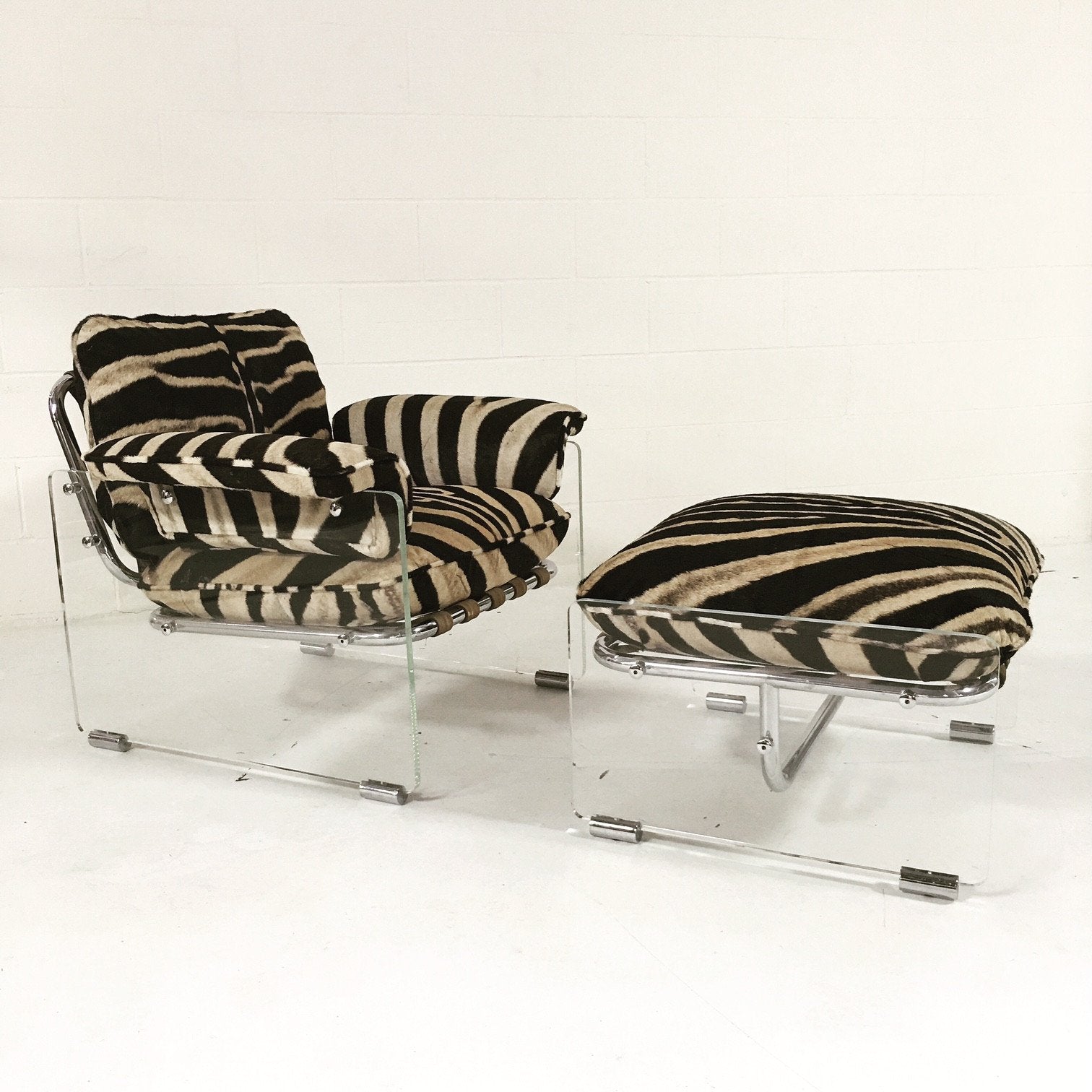 Pace Collection Argenta Lucite and Chrome Lounge Chair and Ottoman in Zebra Hide