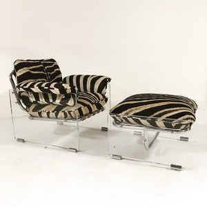 Pace Collection Argenta Lucite and Chrome Lounge Chair and Ottoman in Zebra Hide