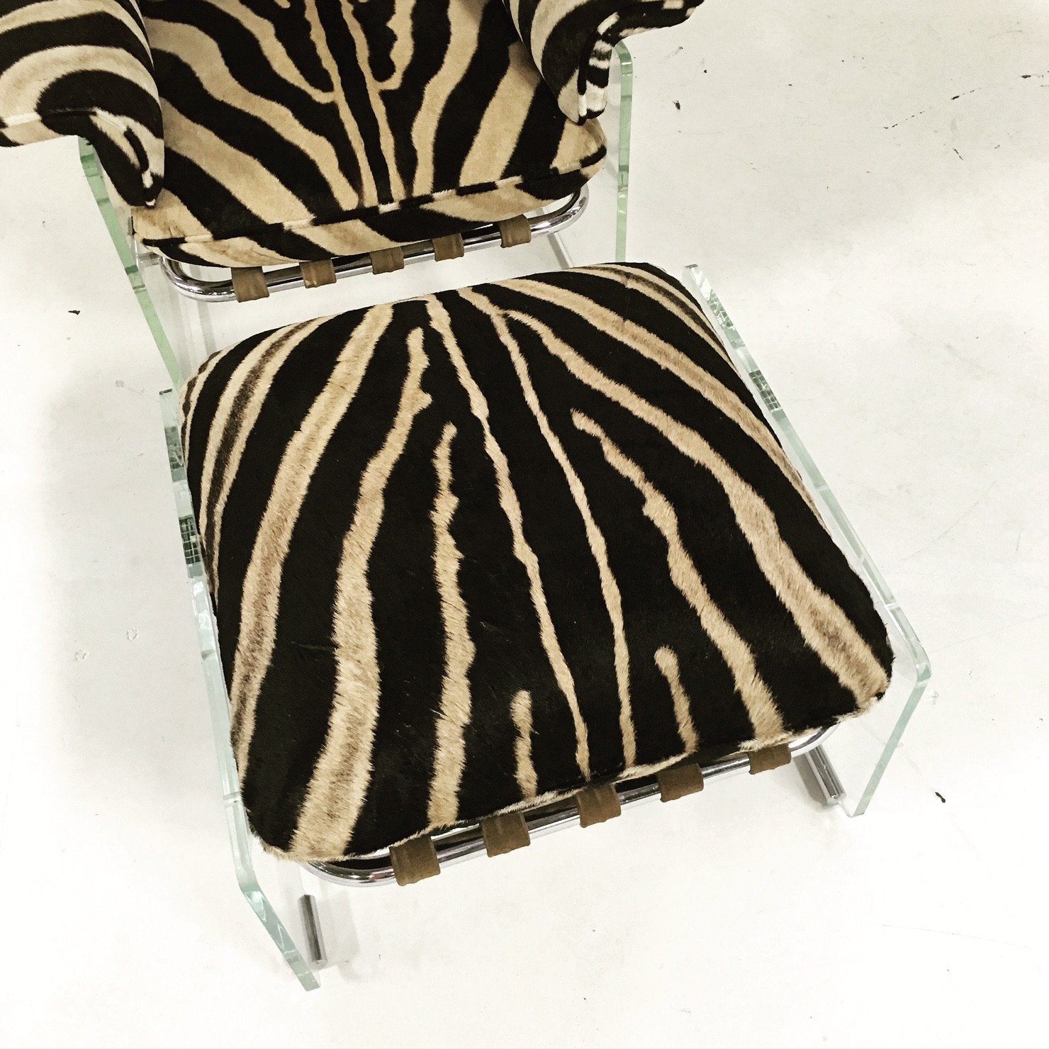 Pace Collection Argenta Lucite and Chrome Lounge Chair and Ottoman in Zebra Hide