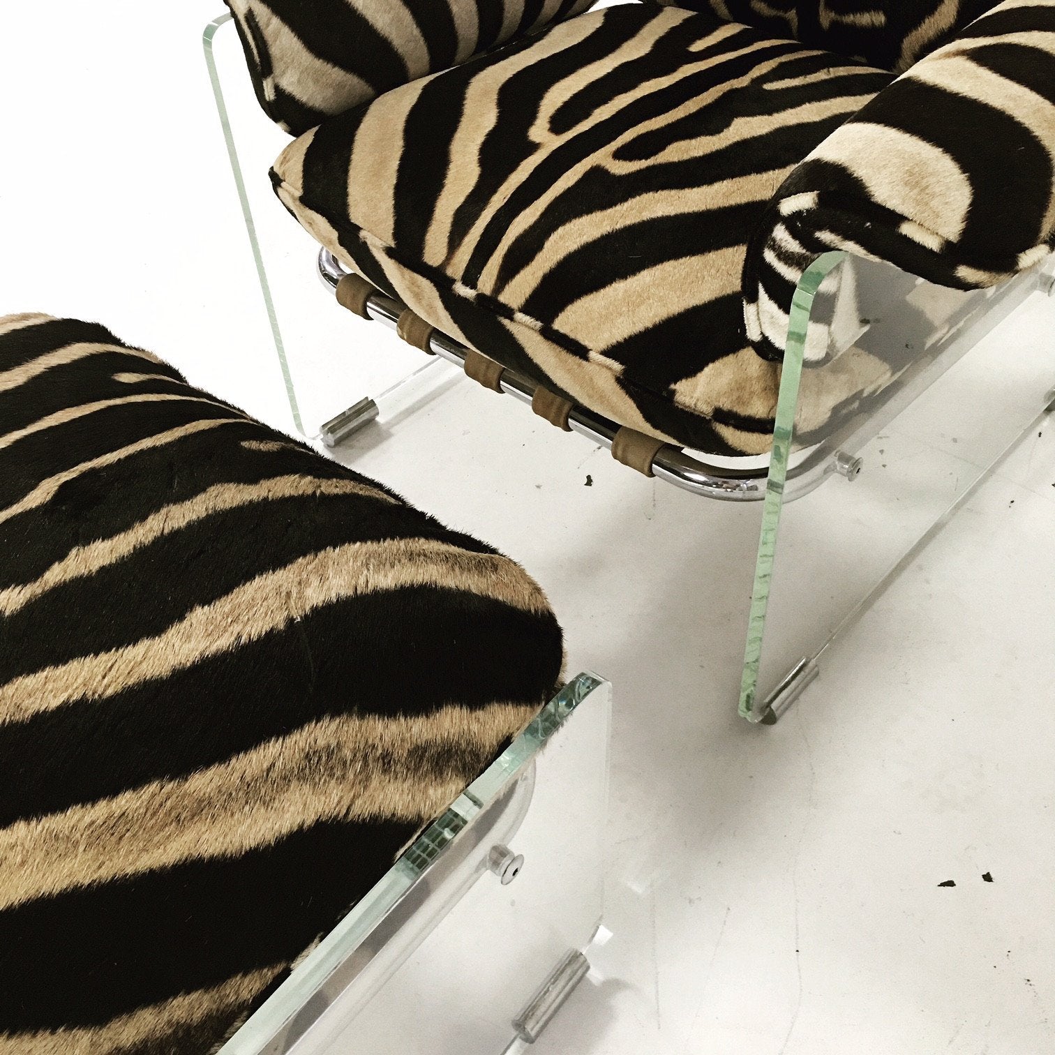 Pace Collection Argenta Lucite and Chrome Lounge Chair and Ottoman in Zebra Hide