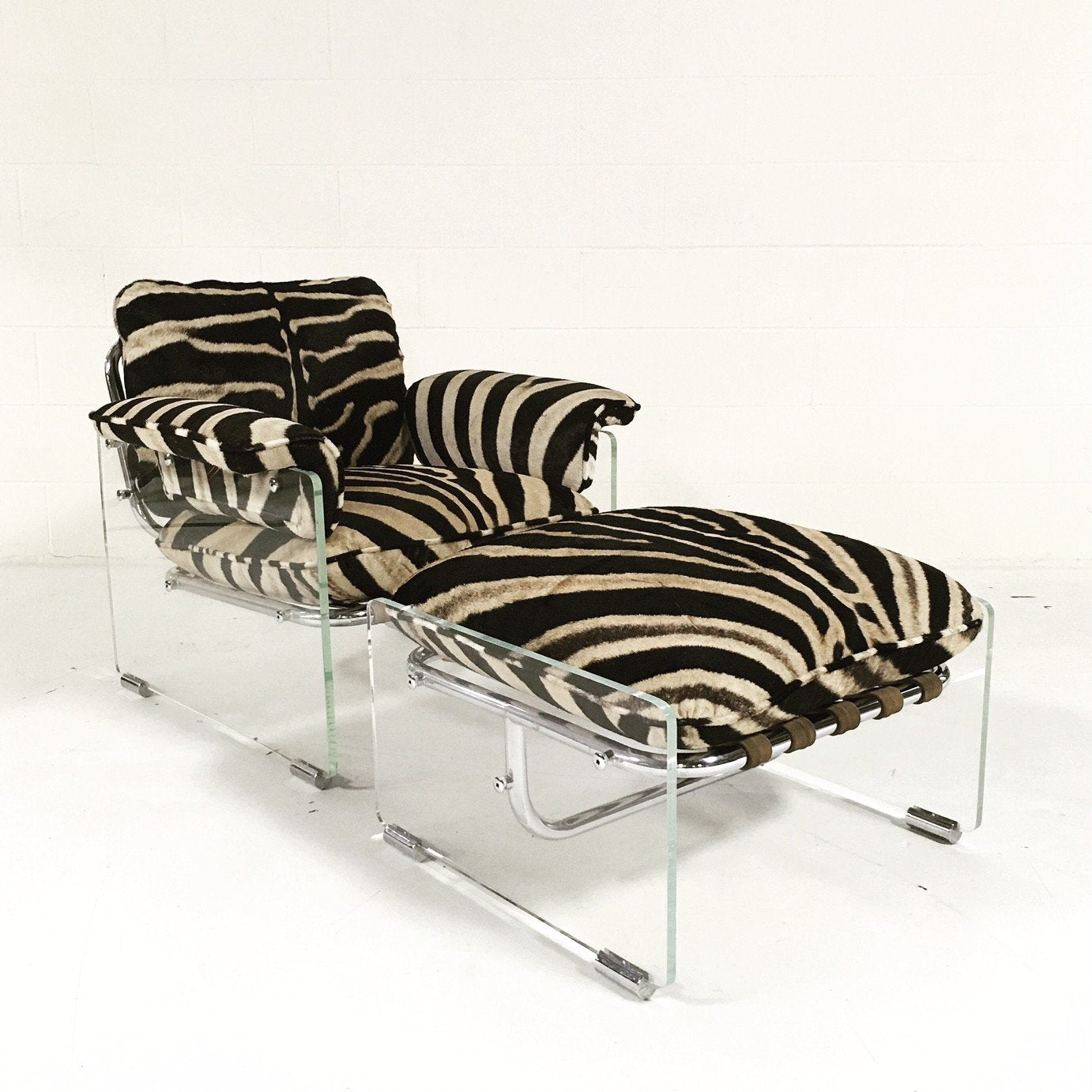 Pace Collection Argenta Lucite and Chrome Lounge Chair and Ottoman in Zebra Hide