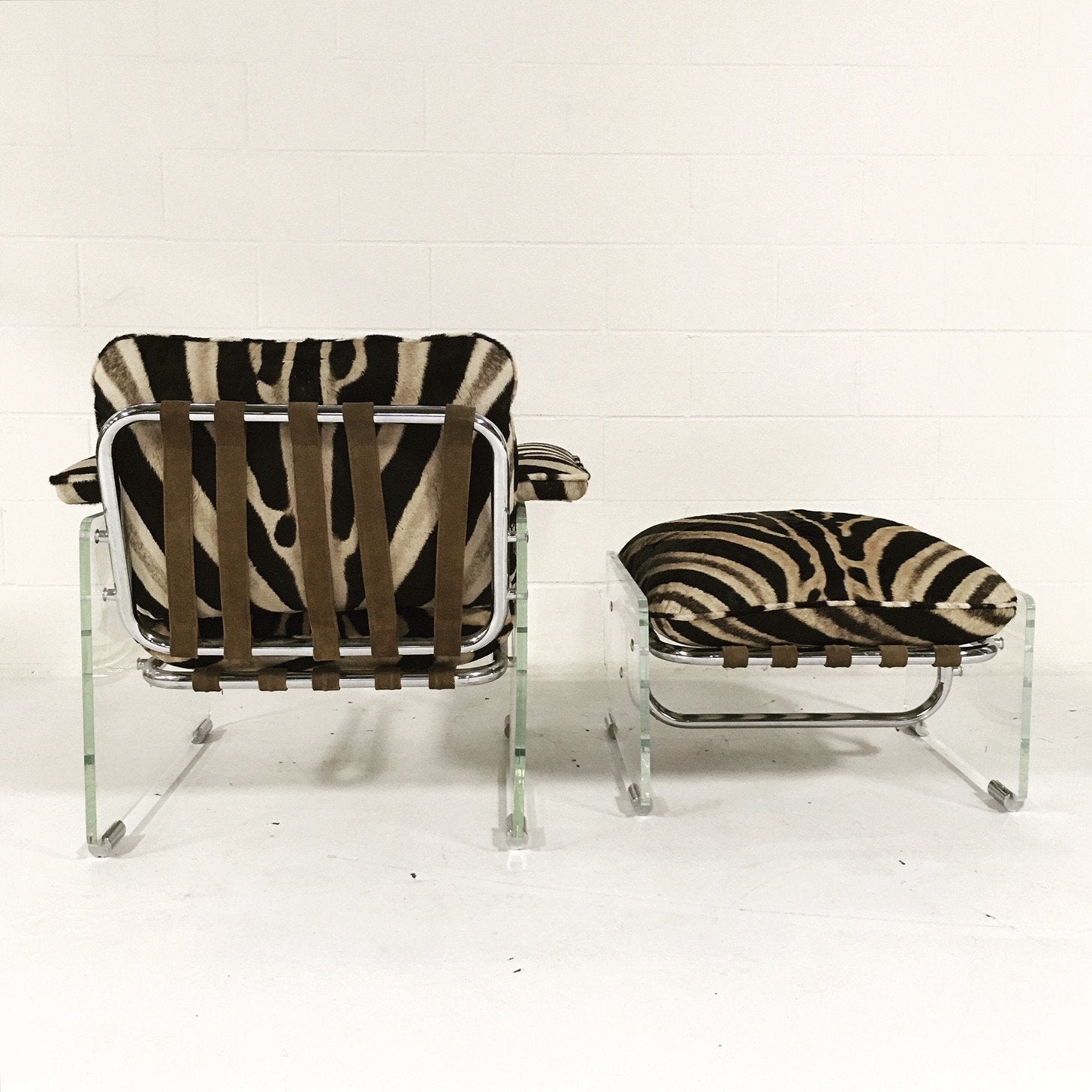 Pace Collection Argenta Lucite and Chrome Lounge Chair and Ottoman in Zebra Hide