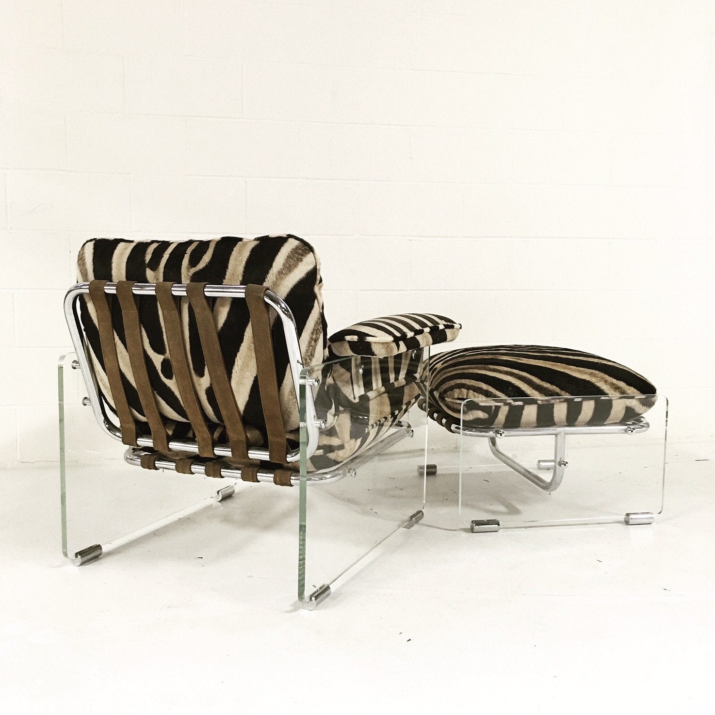 Pace Collection Argenta Lucite and Chrome Lounge Chair and Ottoman in Zebra Hide