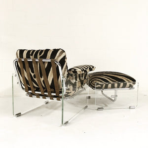 Pace Collection Argenta Lucite and Chrome Lounge Chair and Ottoman in Zebra Hide
