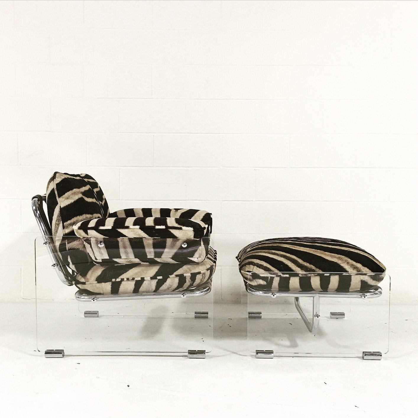 Pace Collection Argenta Lucite and Chrome Lounge Chair and Ottoman in Zebra Hide