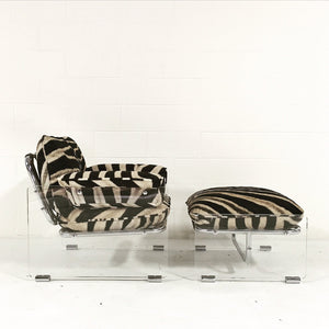 Pace Collection Argenta Lucite and Chrome Lounge Chair and Ottoman in Zebra Hide