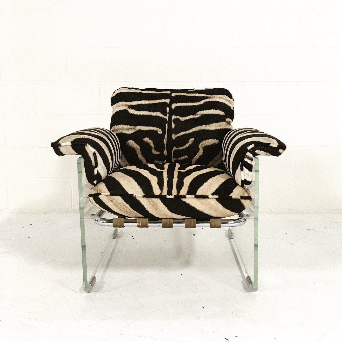 Pace Collection Argenta Lucite and Chrome Lounge Chair and Ottoman in Zebra Hide