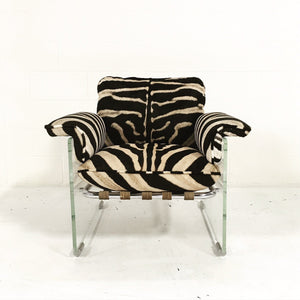 Pace Collection Argenta Lucite and Chrome Lounge Chair and Ottoman in Zebra Hide