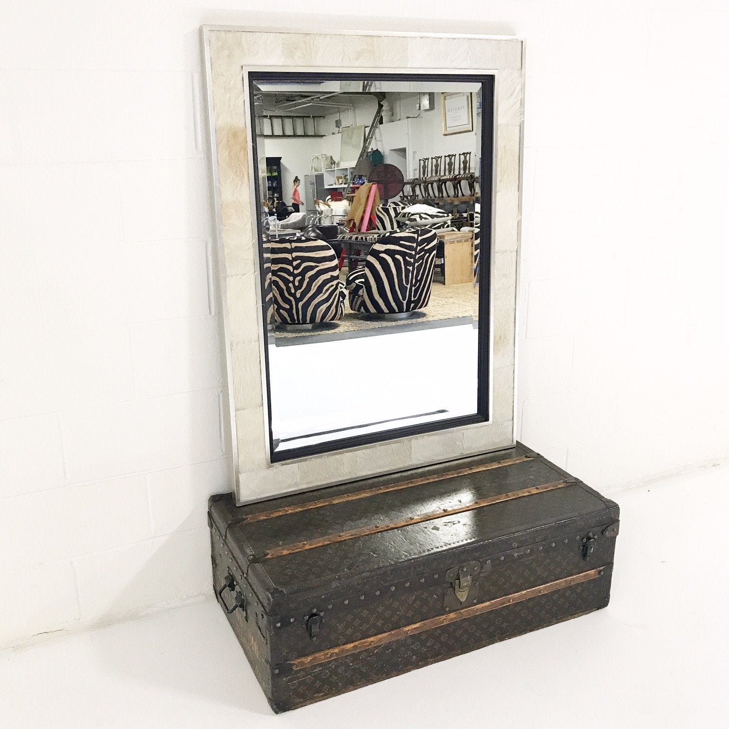 Beveled Mirror in Ivory Cowhide Patchwork and Silver Finish Frame 36x48"