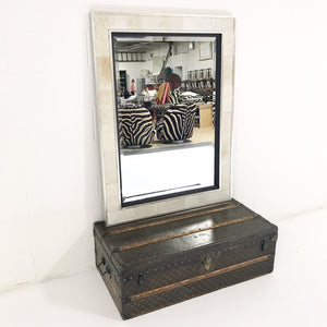 Beveled Mirror in Ivory Cowhide Patchwork and Silver Finish Frame 36x48"