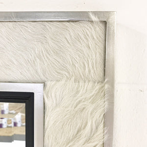 Beveled Mirror in Ivory Cowhide Patchwork and Silver Finish Frame 36x48"