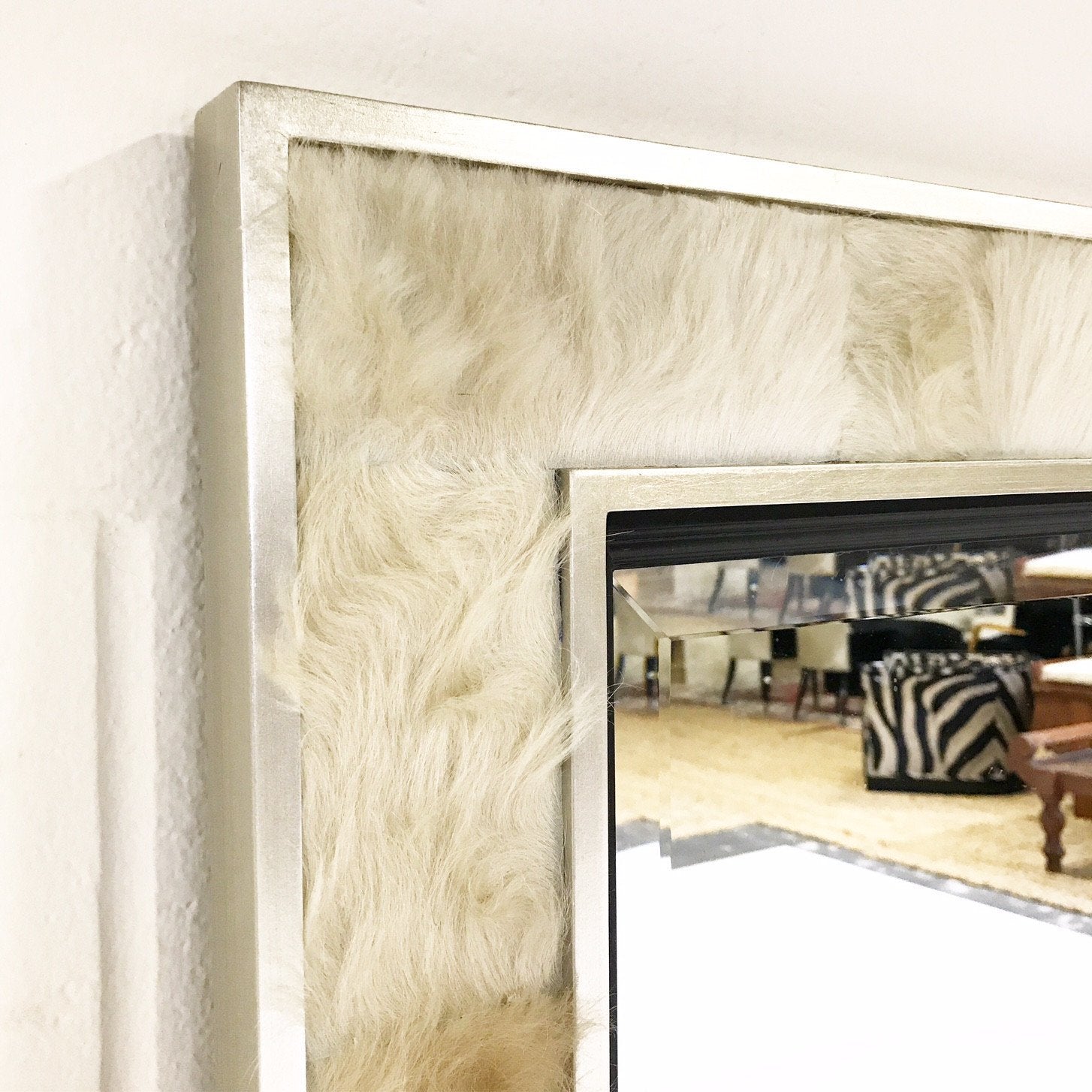 Beveled Mirror in Ivory Cowhide Patchwork and Silver Finish Frame 36x48"