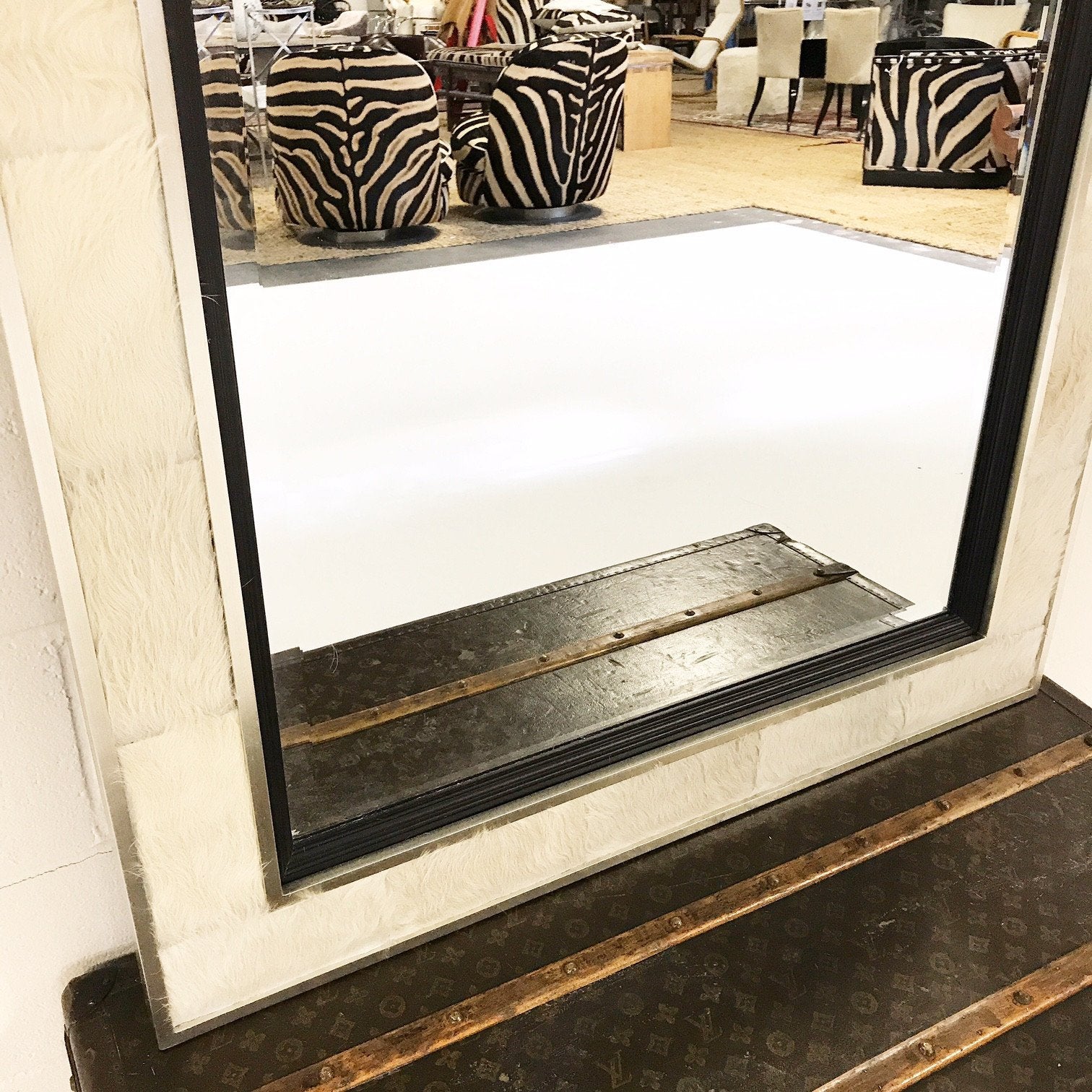 Beveled Mirror in Ivory Cowhide Patchwork and Silver Finish Frame 36x48"