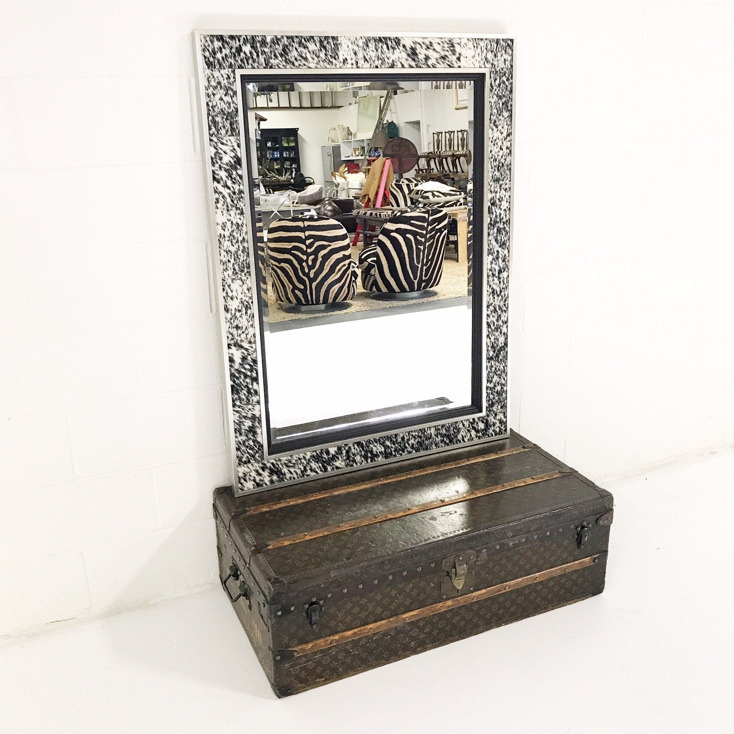 Beveled Mirror in Speckled Cowhide Patchwork and Silver Finish Frame 36x48"