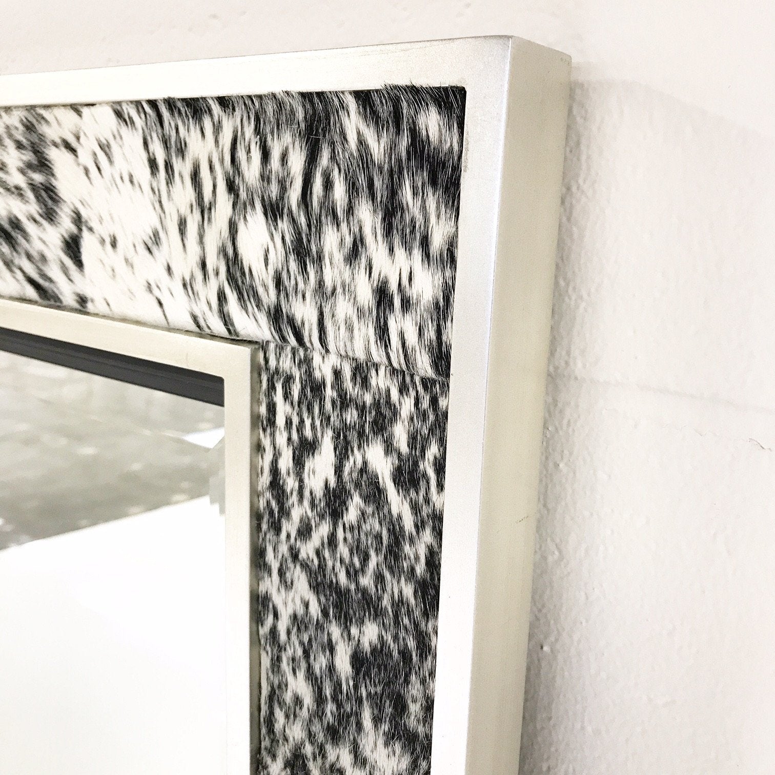 Beveled Mirror in Speckled Cowhide Patchwork and Silver Finish Frame 36x48"