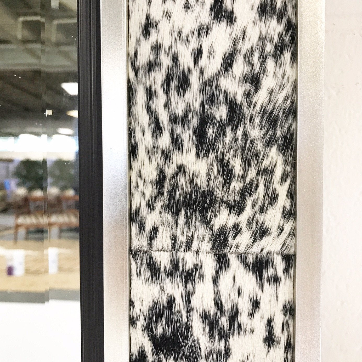 Beveled Mirror in Speckled Cowhide Patchwork and Silver Finish Frame 36x48"
