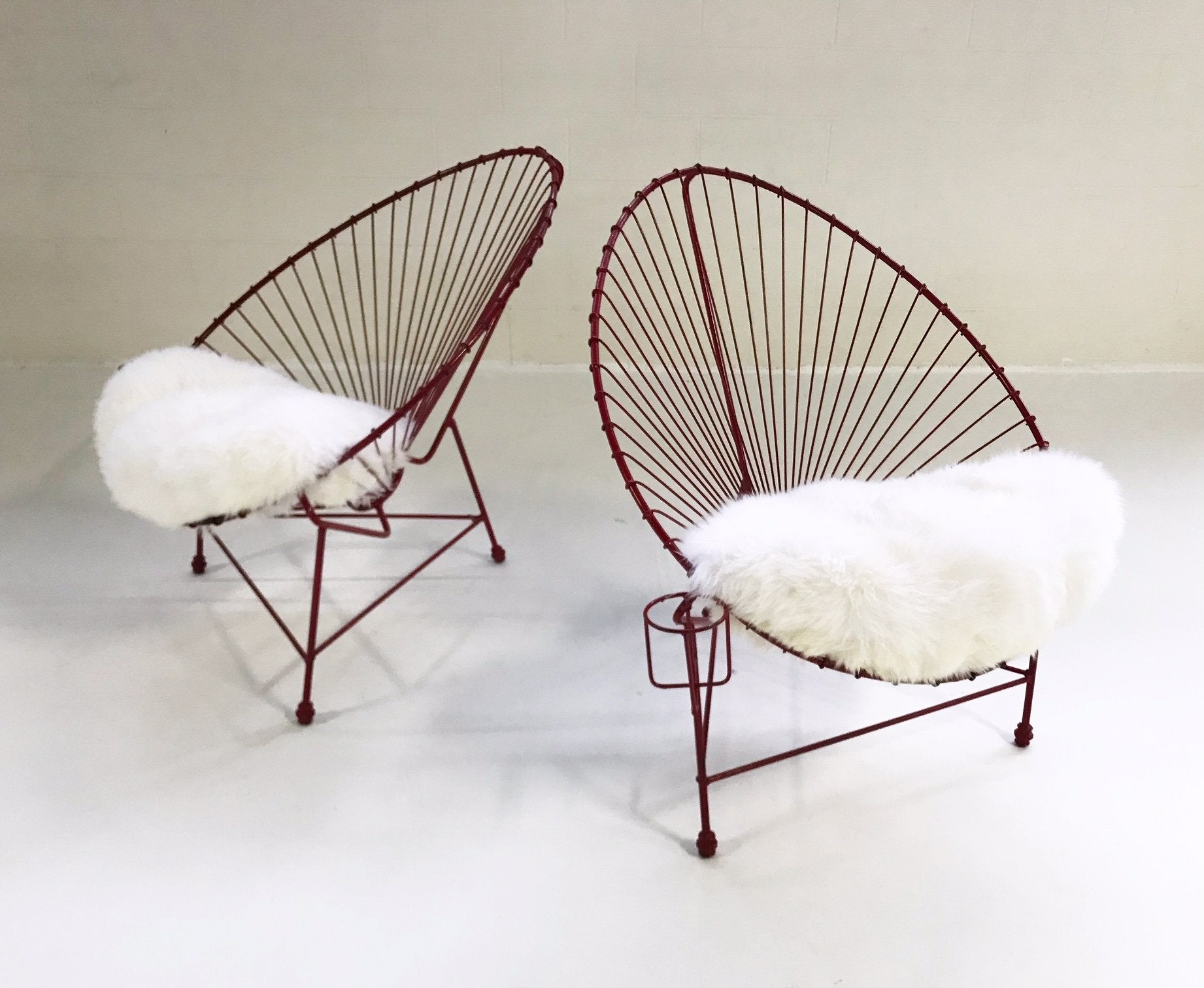 Red Metal Papasan Chairs with Sheepskin Cushions