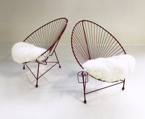 Red Metal Papasan Chairs with Sheepskin Cushions