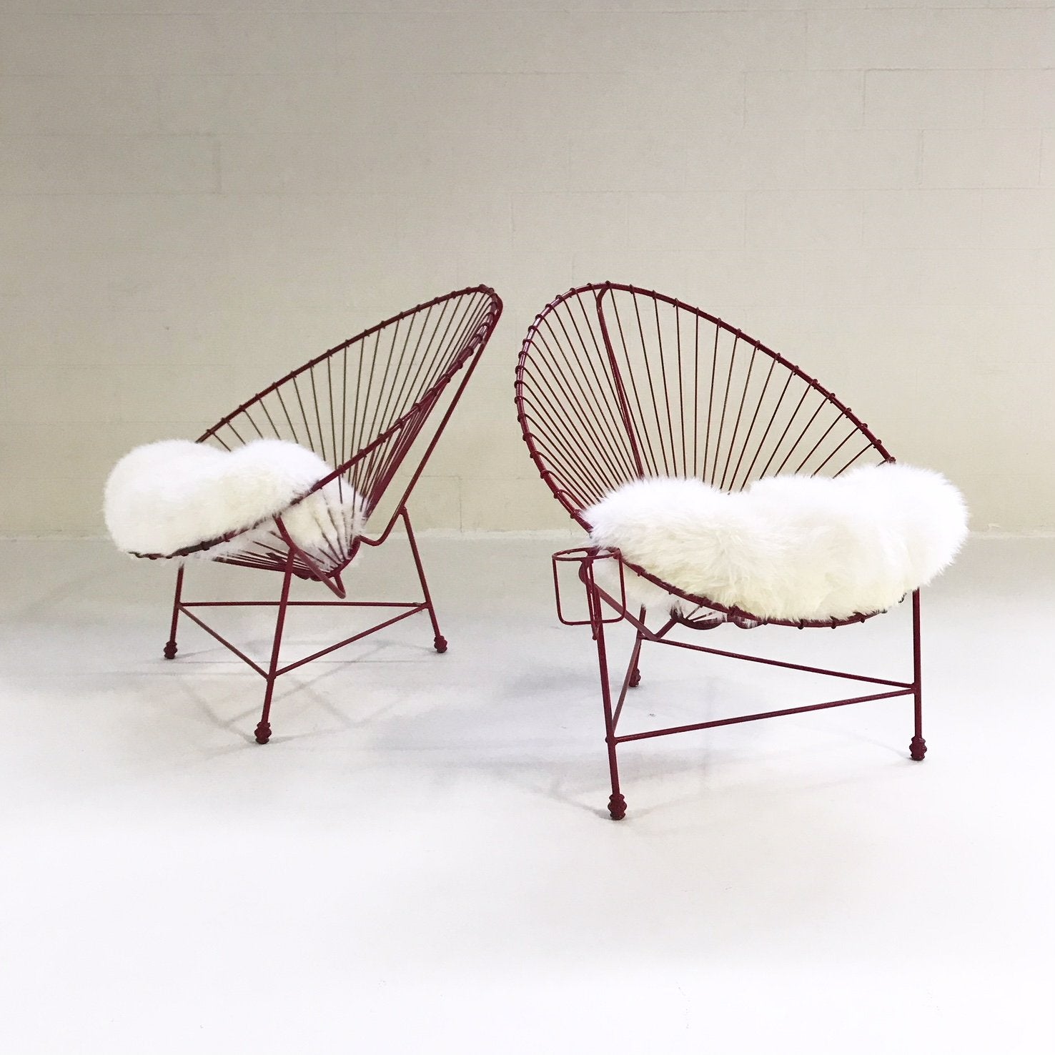 Red Metal Papasan Chairs with Sheepskin Cushions
