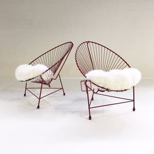 Red Metal Papasan Chairs with Sheepskin Cushions