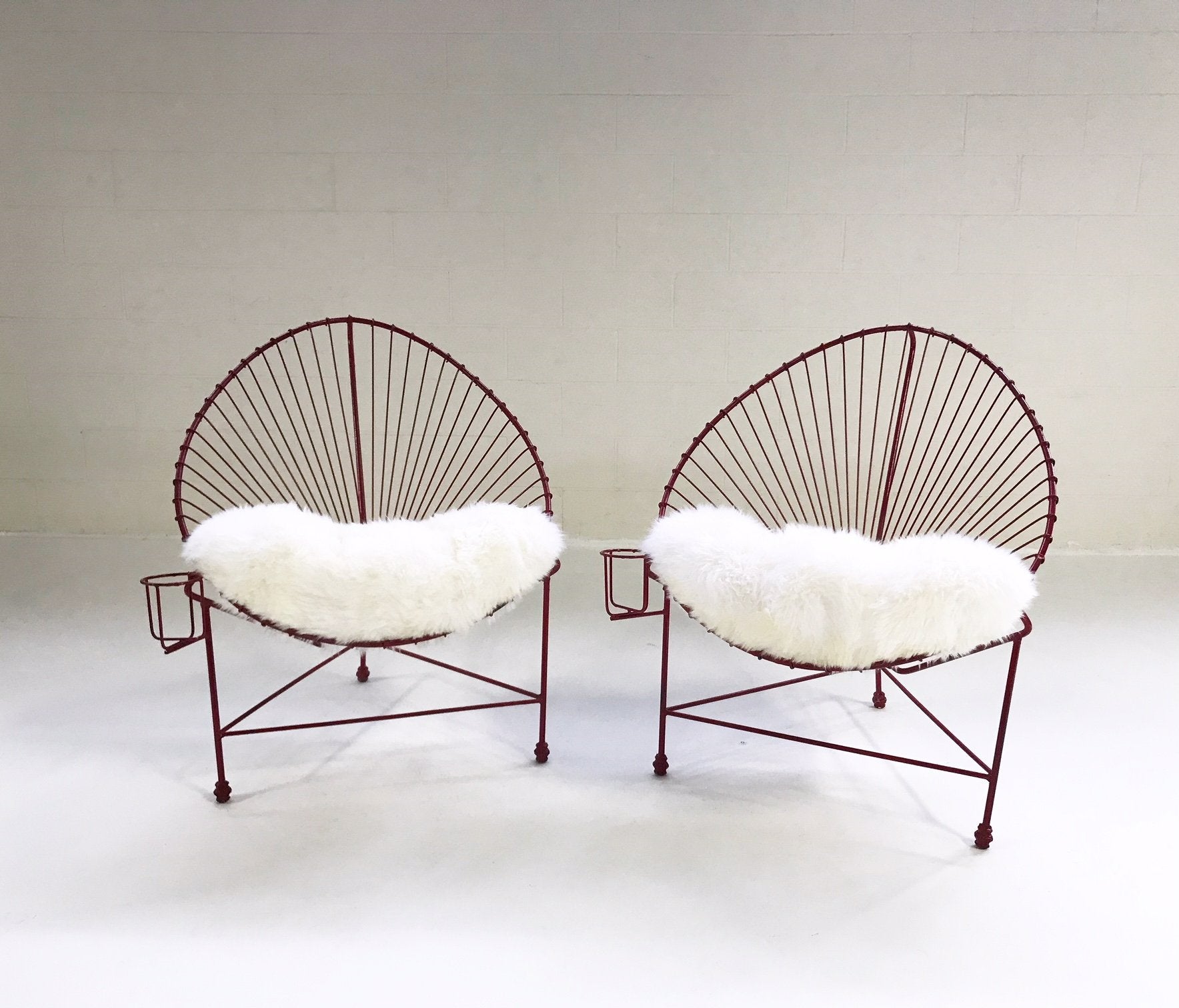 Red Metal Papasan Chairs with Sheepskin Cushions