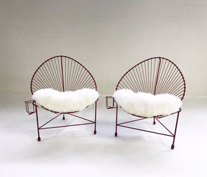 Red Metal Papasan Chairs with Sheepskin Cushions