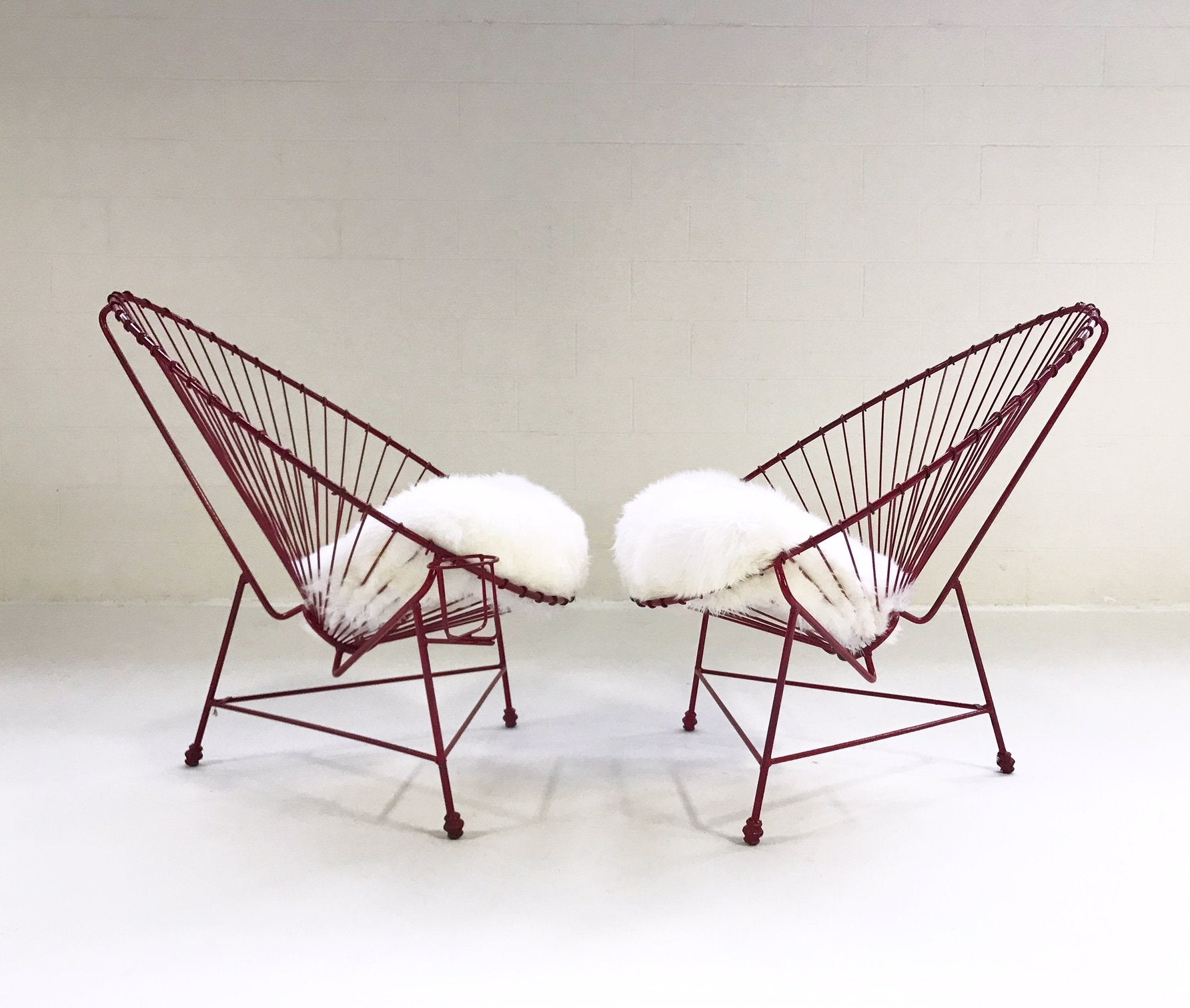 Red Metal Papasan Chairs with Sheepskin Cushions