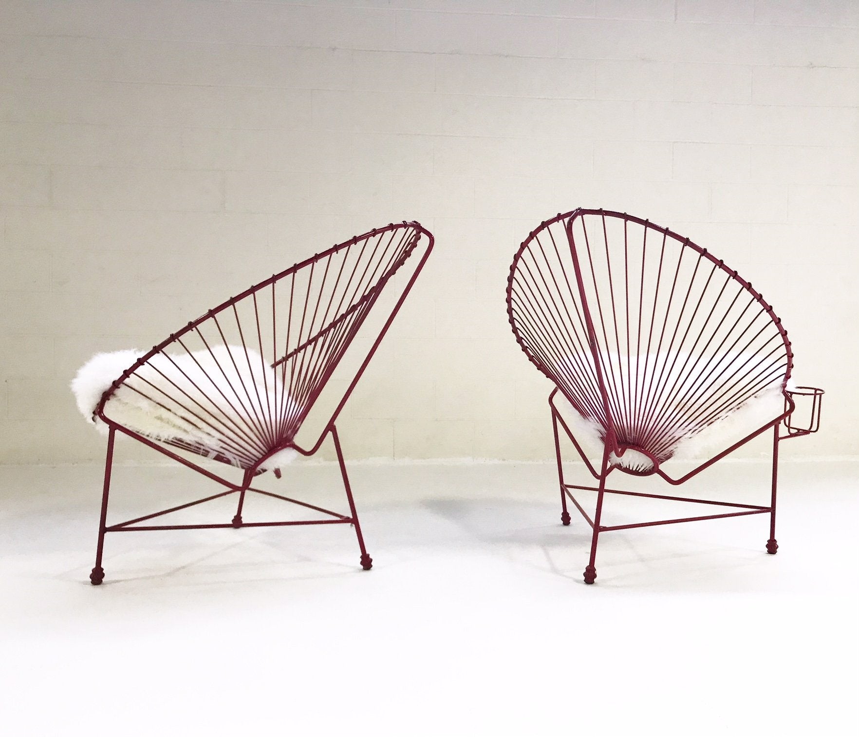 Red Metal Papasan Chairs with Sheepskin Cushions